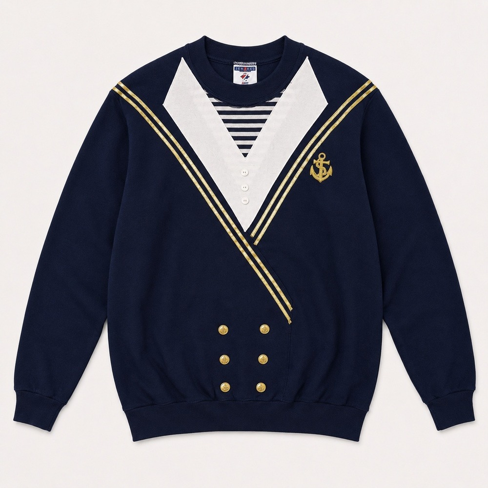 Vtg 80s Oversized Navy‎ Blue Sailor Nautical Sweatshirt Crewneck Gold Anchor L
